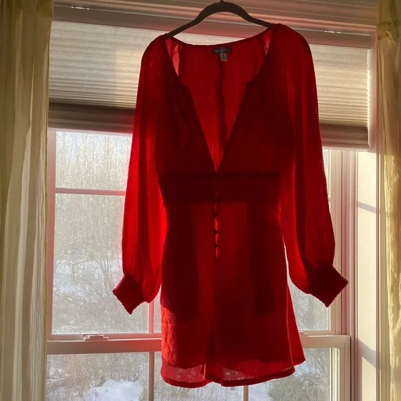 NWOT Urban Outfitters Small Vibrant Red Long-Sleeved Silky Dress - Picture 7 of 7